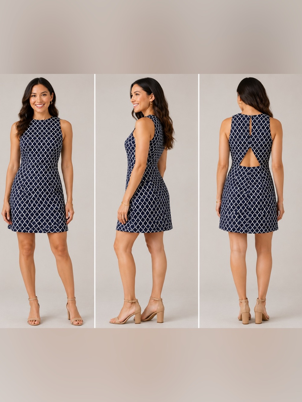 BB Dakota Navy White Geometric Open Back Dress Size 6